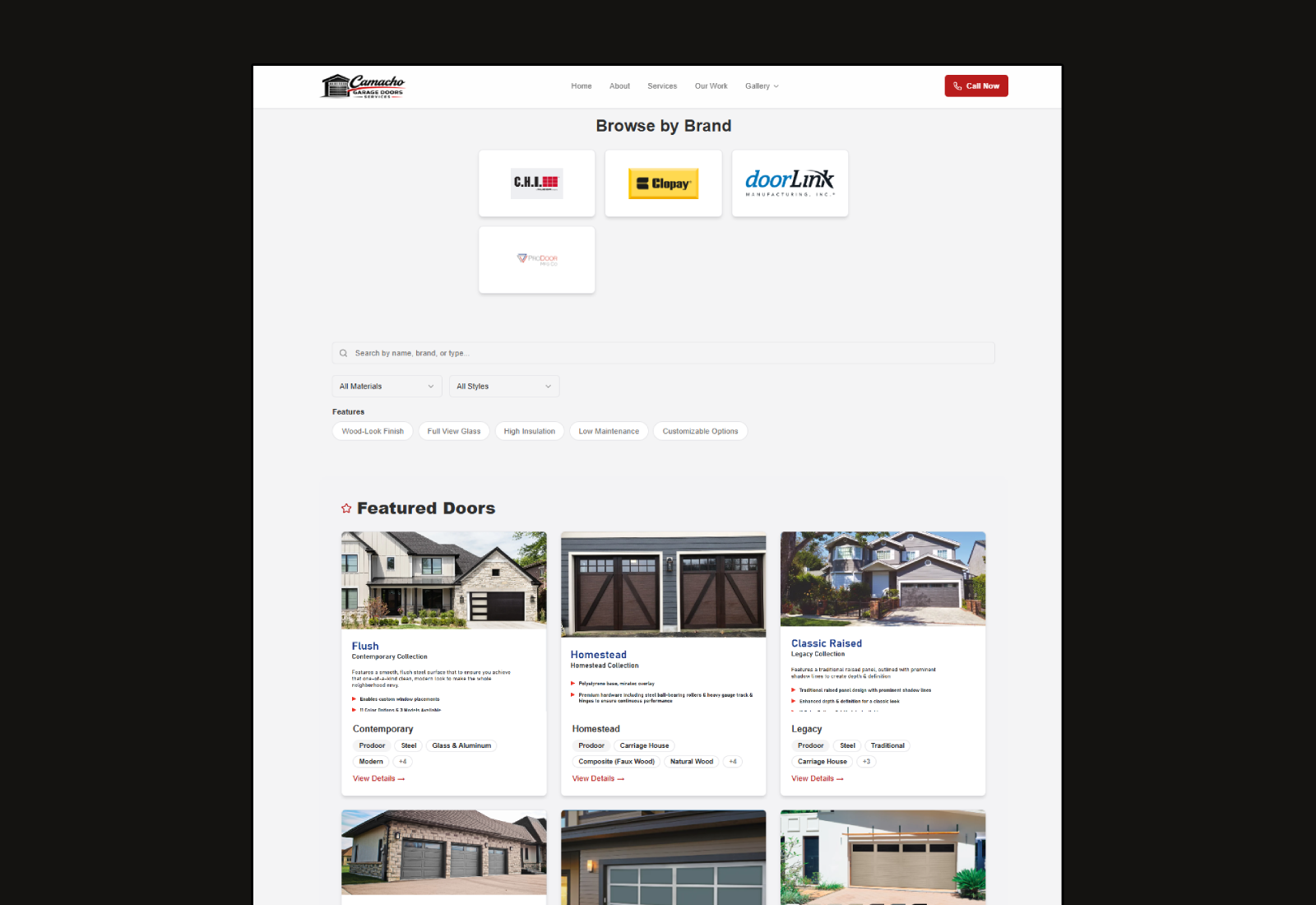 Camacho Garage Doors — CUSTOM PRODUCT CATALOG — WEB DEVELOPMENT