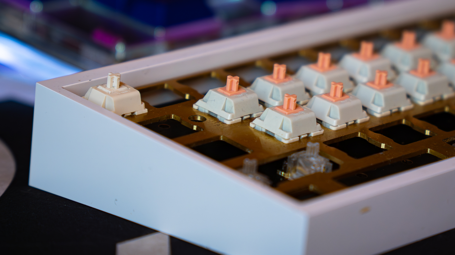 Tofu65 keyboard build with switches, top-down